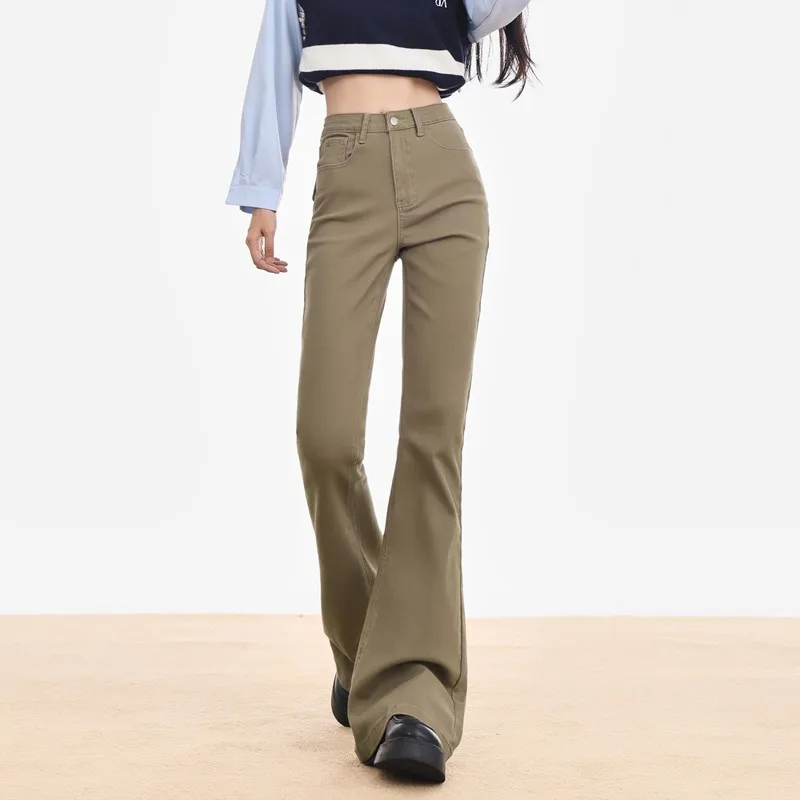 

GUUZYUVIZ American Style Khaki Bootcut Pants Women 2024 New Fashion High Waisted Skinny Wash Floor Length Flare Jeans Femme