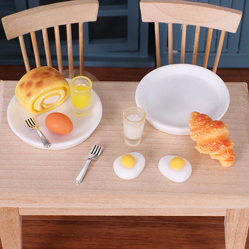Mini petits pains cuits à la vapeur pour maison de poupée, ensemble de lait, pain aux œufs, Simulation de petit déjeuner, modèle alimentaire, décor de scène de cuisine, jouets de jeu, 1/12