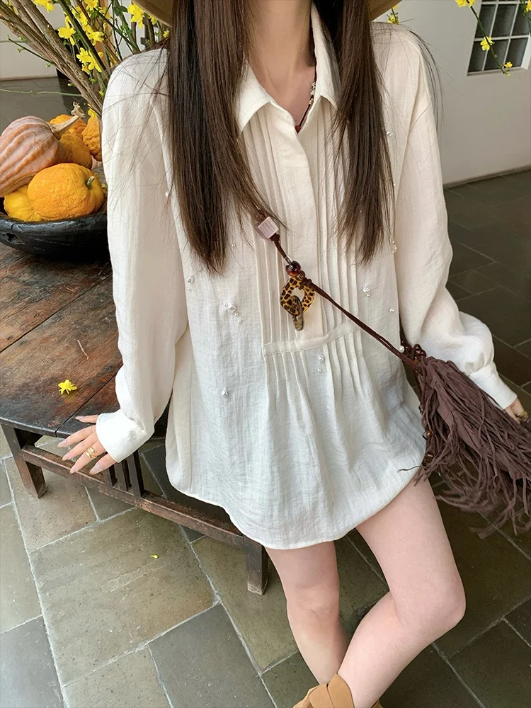 

Женская свободная блузка Bla Bean Humming Prague Holiday ручной работы с бисером, весенняя, комфортная, дышащая, с длинным рукавом, повседневная