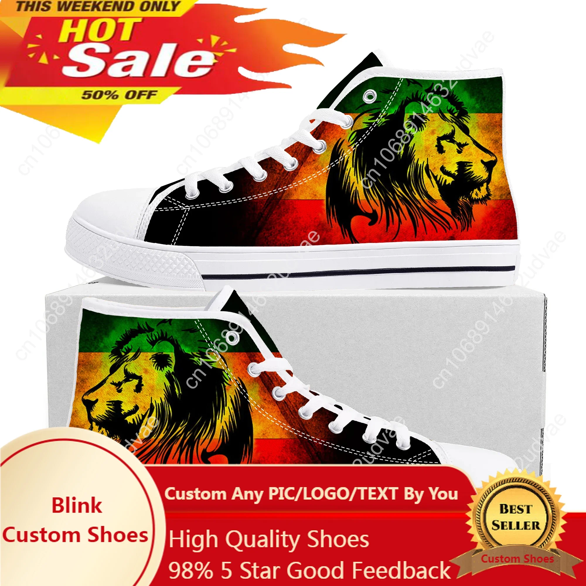 Reggae Rastafari Rastafari Lion Of Judah Sapatilhas de cano alto para homens e mulheres, sapatilha de lona, sapato casual personalizado