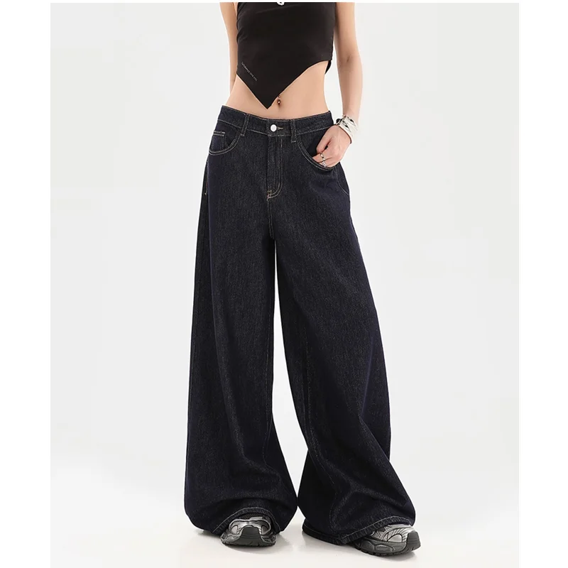 

Women's Jeans Dark Blue High Waist Loose Drape Feeling Street Baggy Wide Leg Pants Hip Hop Vintage Straight Y2K Summer Trousers