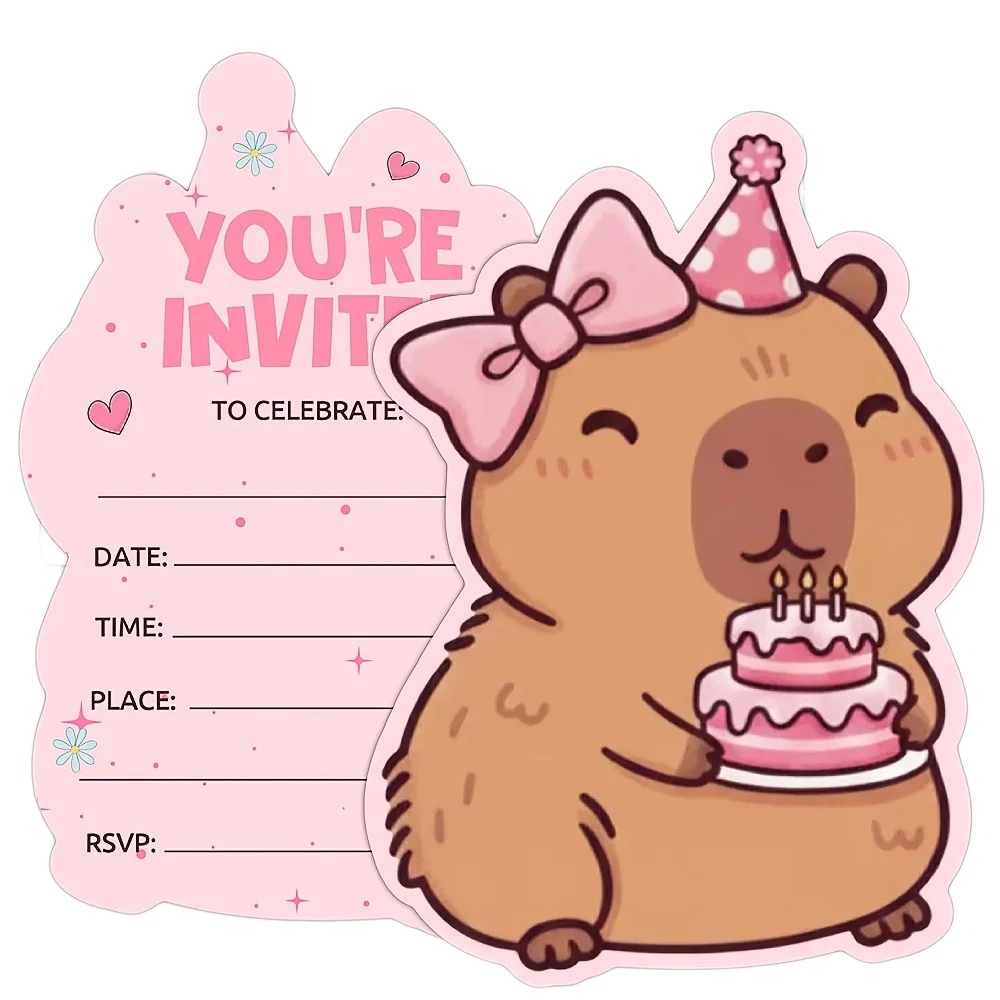 12/24 Stück Niedliche Cartoon Rosa Capybara Einladungskarten Lustige Haustier-Thema DIY Geschenk Capybara-Themen Geburtstagsparty Einladung