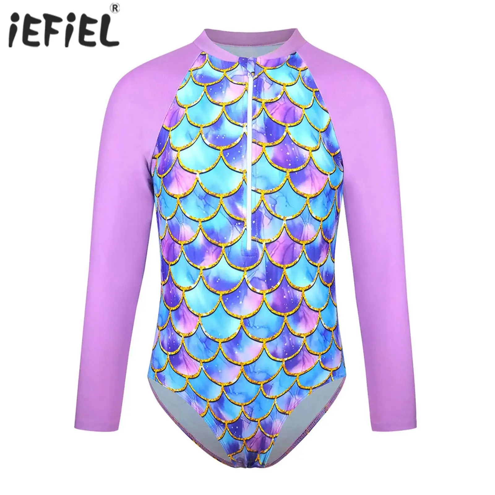 

Kids Girls Swim Leotard Mermaid One Piece Swimsuits Long Sleeve Scale Printed Bathing Suits Swimwear for Summer Beach Holiday