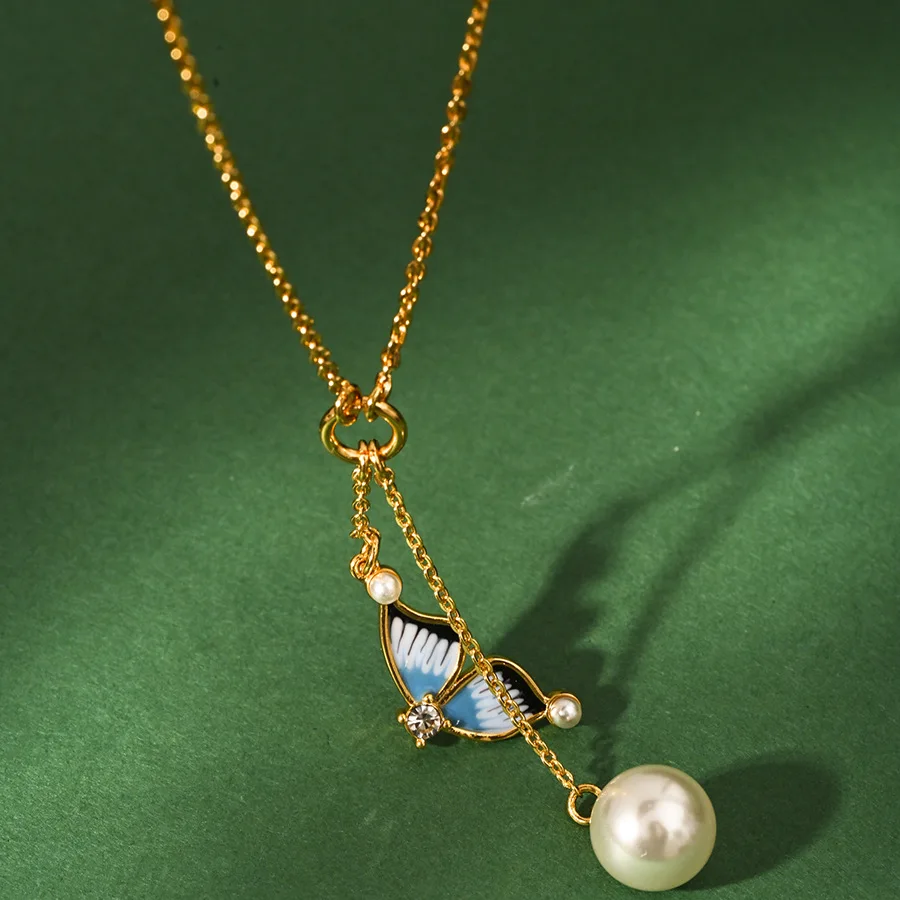 

National Fashion Temperament Enamel Blue Butterfly Charms Pearl Tassel Pendant Necklace Fairy Style Exquisite Clavicle Chain