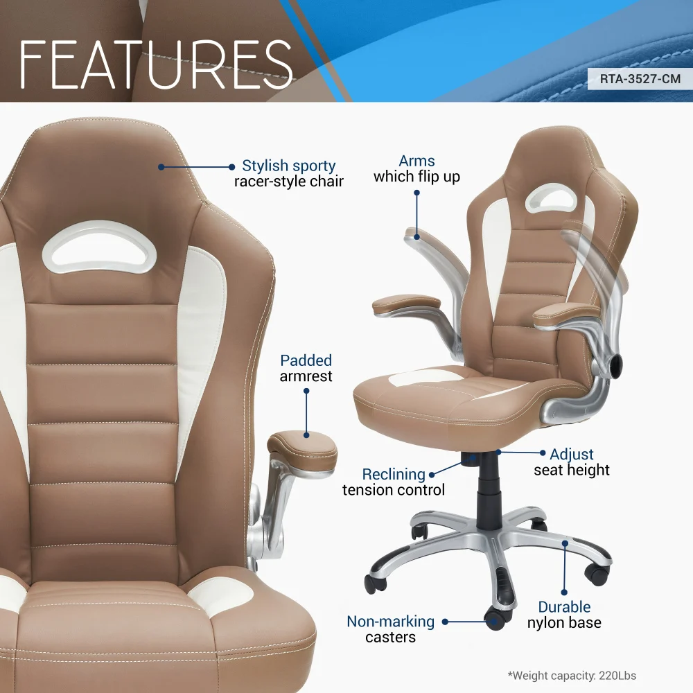 Office Chairs，Adjustable Office Chair with Faux Leather Upholstery，High Back Executive Sport Race Office Chair with Flip-Up Arms, Camel