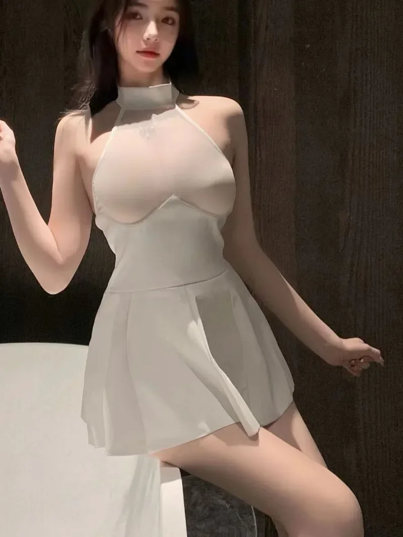 섹시한 투명 광택 패브릭 접합 PU Pleated 미니 가죽 OL 유니폼 매혹적인 드레스 우아한 투명 요정 드레스