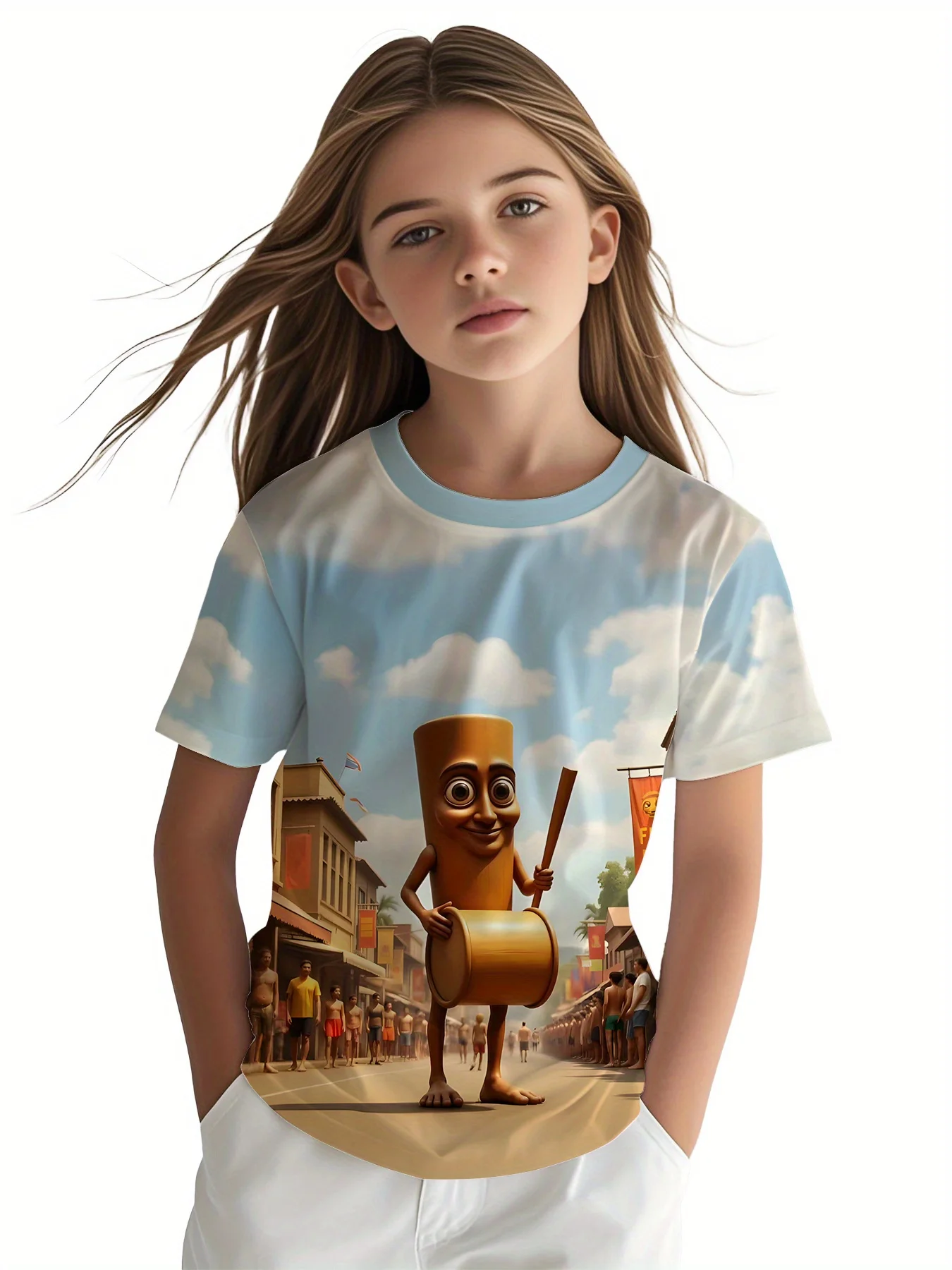 Girls Cute Cartoon Drum Character T-Shirt, Funny Wooden Drummer Parade Street Print Short Sleeve Crew Neck Kids Graphic Tee