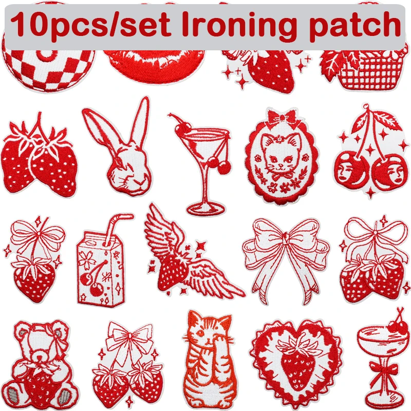 

10pcs/set Retro Sweetheart Strawberry Ironing Patch Red Bow Embroidery Sticker Stamp Clothes Bags Decoration Wine Glass Label