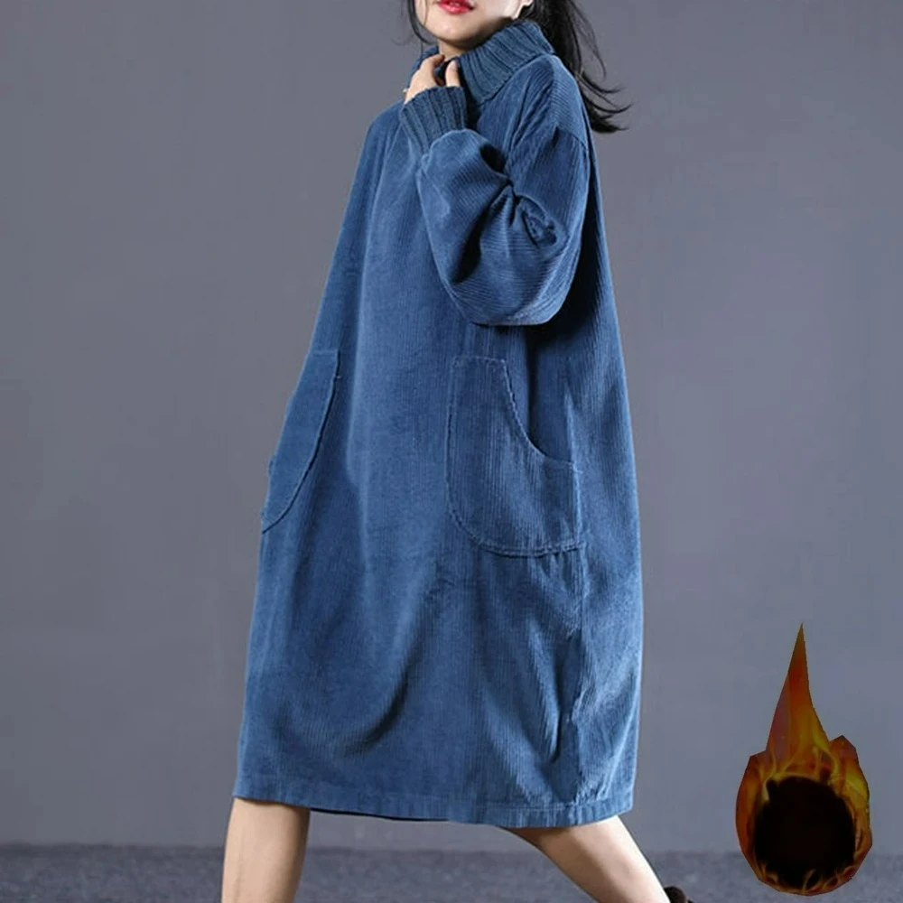 Plus Größe 4XL 120 kg Herbst Winter Fleece Kleid Langarm Rollkragen Einfarbig Kleid Lose Taille Warme Verdicken Kleider