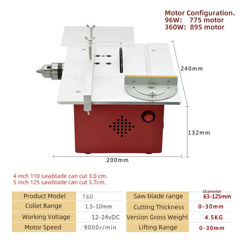 T60 Multifunctional Miniature Table Saw with Flat Push Table,diy Woodworking Chainsaw Home Small Cutter Electric Push Table Saw