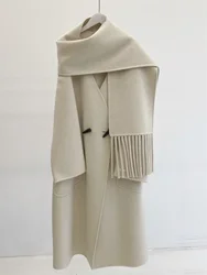 Autumn Winter New Scarf V-neck Woolen Coat Women Loose Korean Fashion Warm Double-sided Cashmere Coat Mid-Length Female Overcoat