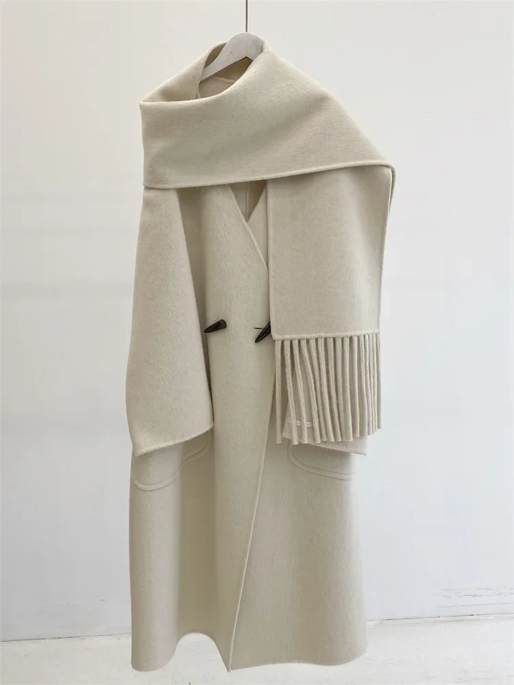 Autumn Winter New Scarf V-neck Woolen Coat Women Loose Korean Fashion Warm Double-sided Cashmere Coat Mid-Length Female Overcoat