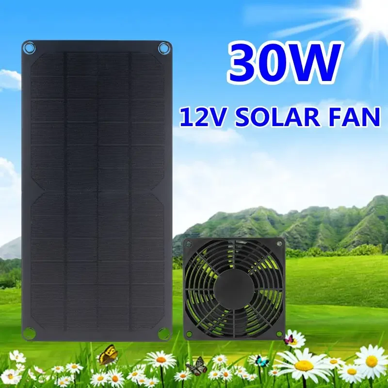 30W 12V Solar Exhaust Fan 6 Inch Mini Ventilator Solar Panel Powered Fan Air Extractor for Dog Chicken House RV Greenhouse Fan