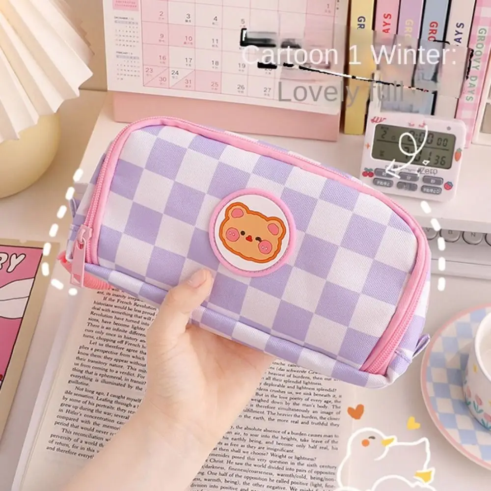 Multifuncional Checkerboard Pencil Case Canvas Large Capacity Pencil Bag Cartoon Cute Stationery Storage Bag Student