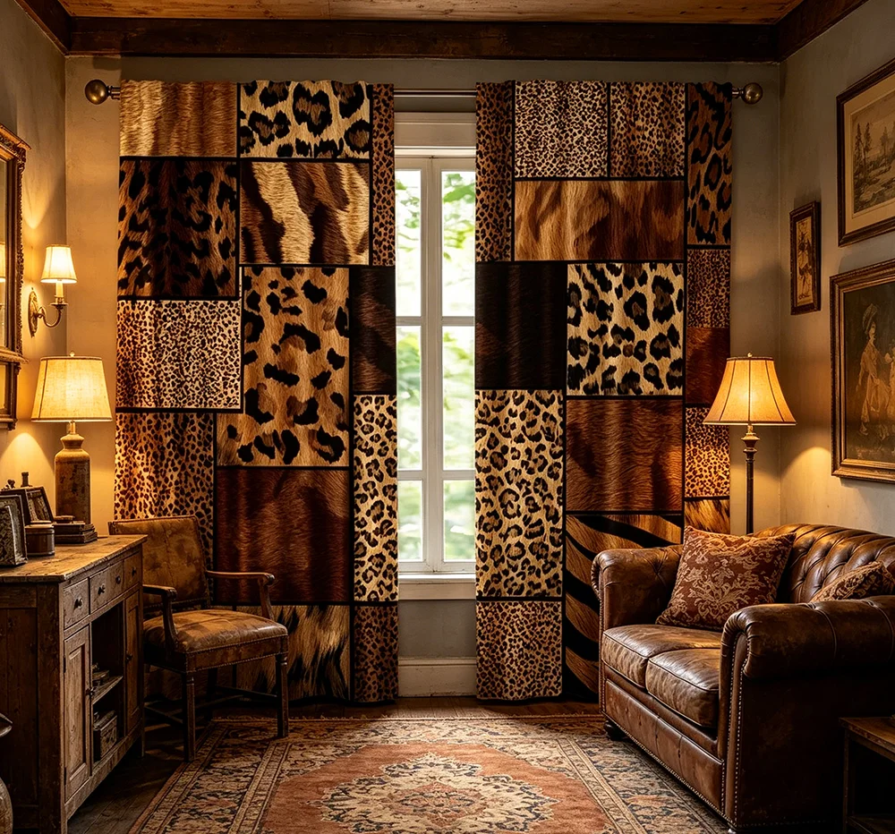 2PCS Digital Printed Curtains, Animal Print Patchwork Mixed Texture, Modern Home Decor Style for Living Room Bedroom Decor