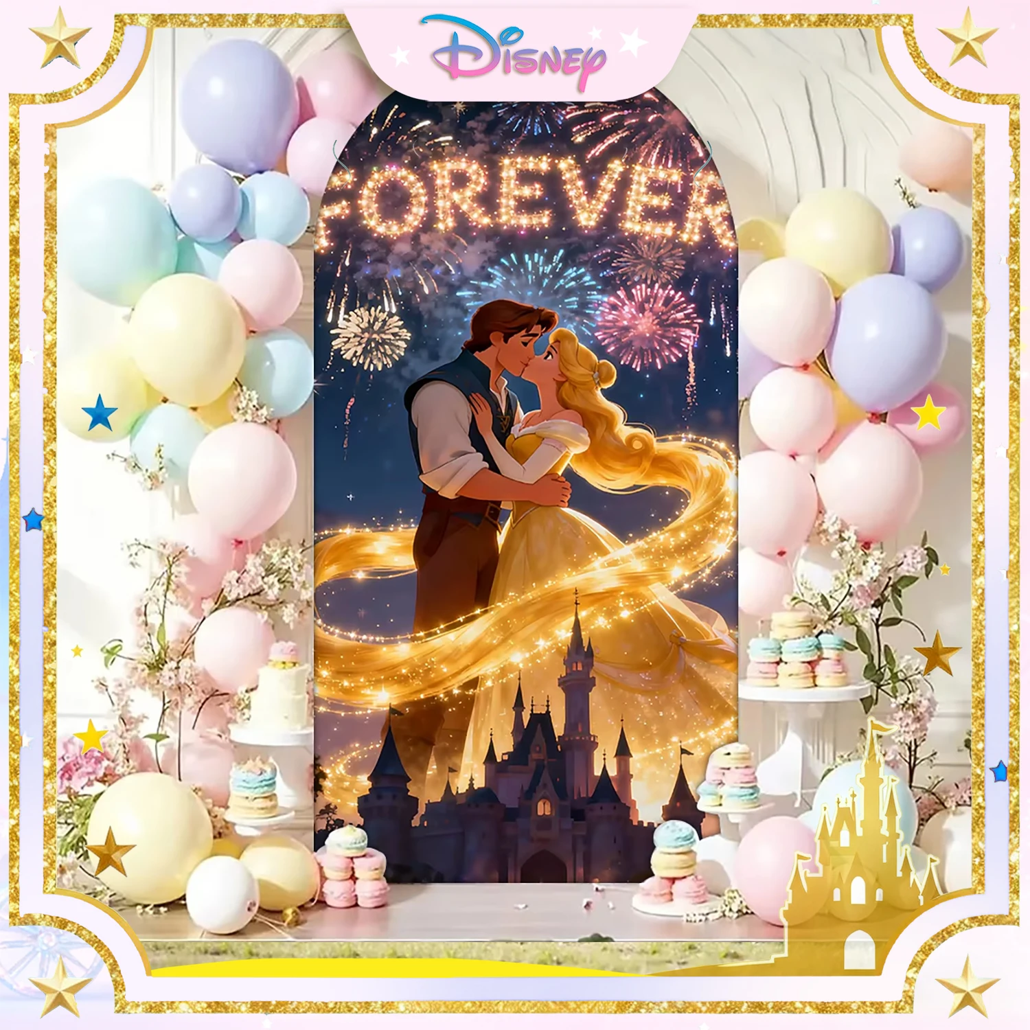 

Disney Princess Long Hair Castle Wedding Theme Arches Background Golden Sparkling Girl Party Photography Background