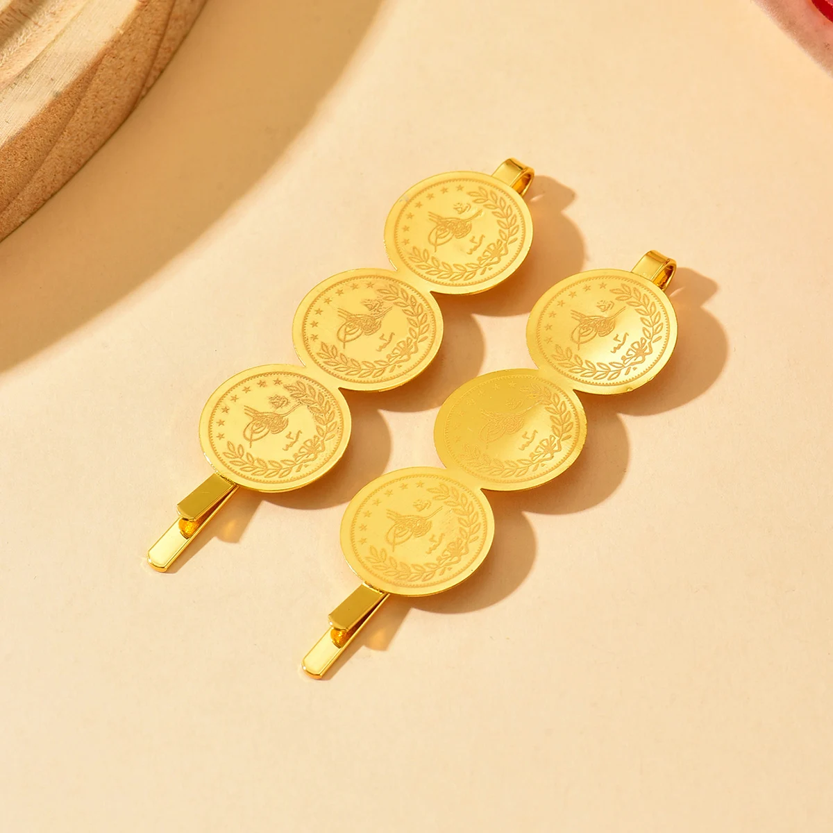 

Vintage Triple Golden Hair Clips Embossed Coin Design For Ethnic Middle Eastern Wedding & Party Looks