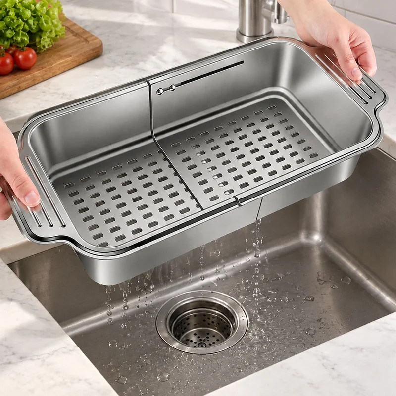 Stainless Steel Mesh Basket for Sink, Adjustable Strainer Ideal for Draining Food, Washing Produce, and Dish Rinsing
