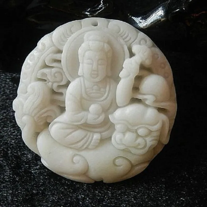 

Natural Lantian Jade Lion Riding Avalokitesvara Guanyin Pendant Boutique White Flower Eight Grand Guardian Bodhisattva Pendant