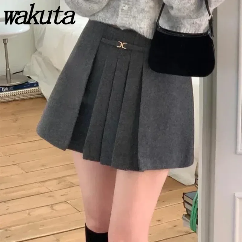 WAKUTA Korean Chic Pleated Faldas Mujer Sexy High Waist Mini Skirt A-line Skirts All Match Ropa Mujer Spring Winter Clothing