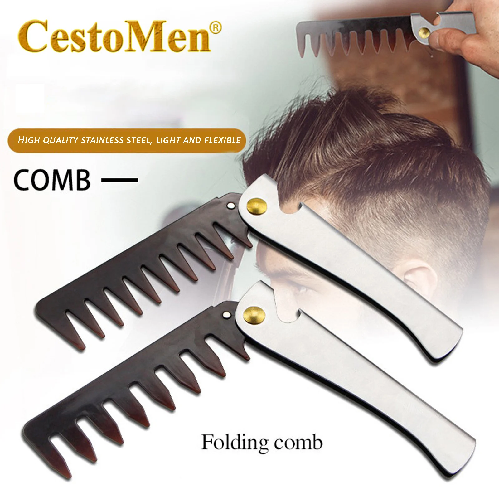 Oil Head Comb Barber Stainless Steel Handle Folding Wide Teeth Men Comb Hairdressing Hair Modeling Styling Comb Portable Vintage