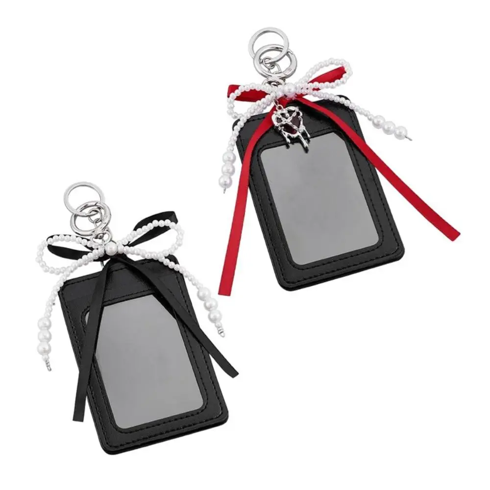 Pearl Bow Photocard Holder Key Ring Dangling Charm PU Leather Badge Holder Clear Window Hardware Card Sleeve Handbag Hanging