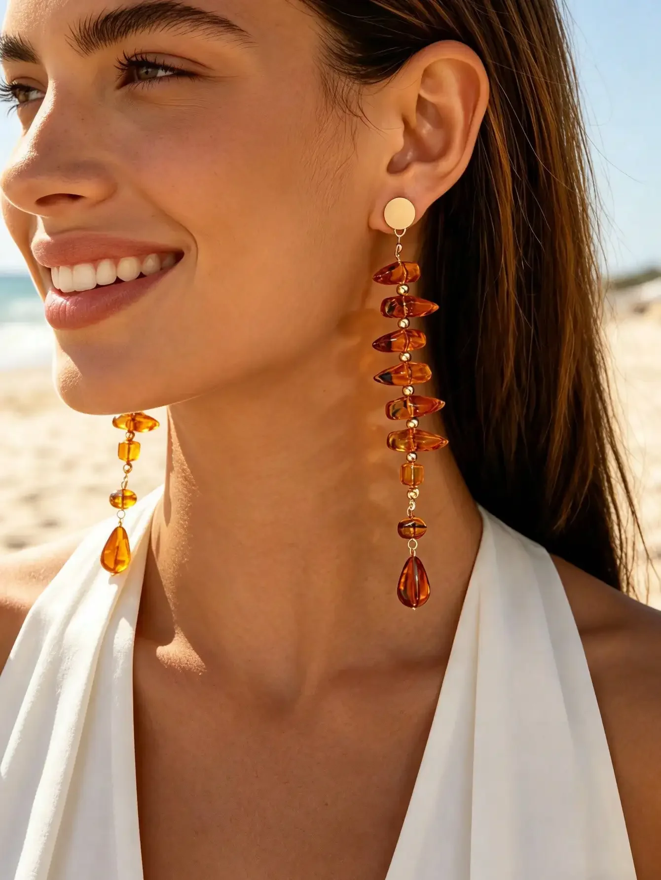 Bohemian Style Amber Rock Dangle Earrings Irregular Beading Process Versatile Accessory for Outings Unique Personal Touch