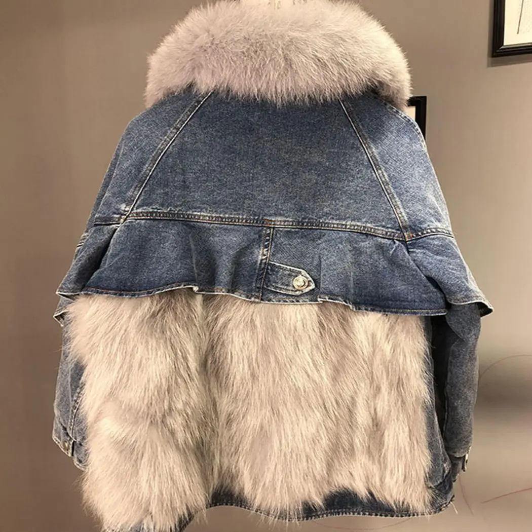 Fox Fur Denim Jacket for Women 2023 Winter New Mid length Fur Parka female real fur coat outerwear Y4330