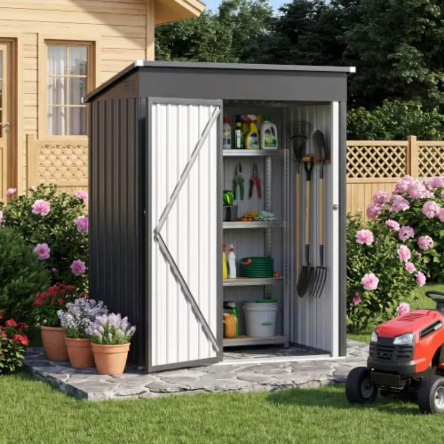 Outdoor garden storage shed for bikes, lawn mowers, generators; galvanized steel construction; gray finish; weatherproof, locka