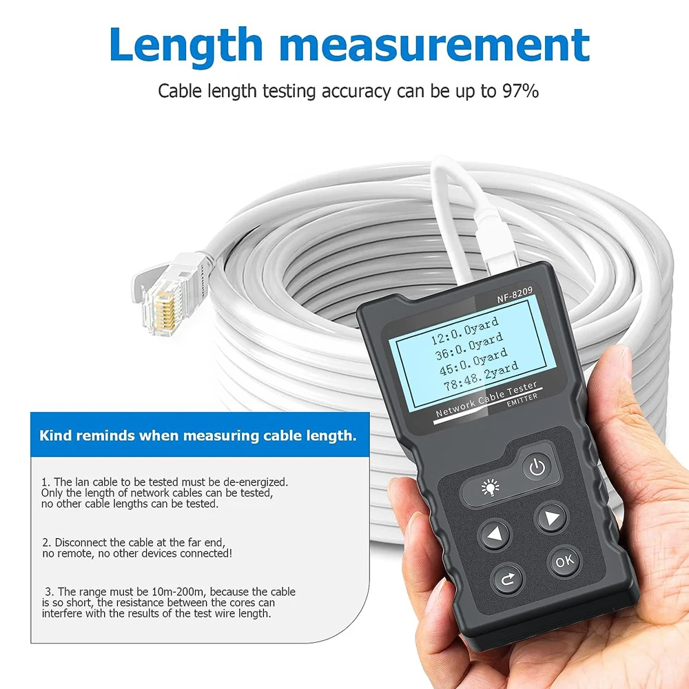 NOYAFA-Rede Cable Tester, Rastreador Cabo, Display LCD, Medir Comprimento, Wiremap Tester, Cat5, Cat6, PoE Tester, Ferramentas de Rede, NF-8209