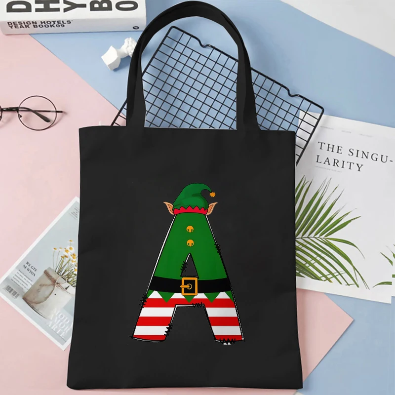 Christmas 26 Letters Canvas Bag for Women Xmas Party Shopper Handbags Environmental Storage Reusable Shoulder Tote Hand Bag