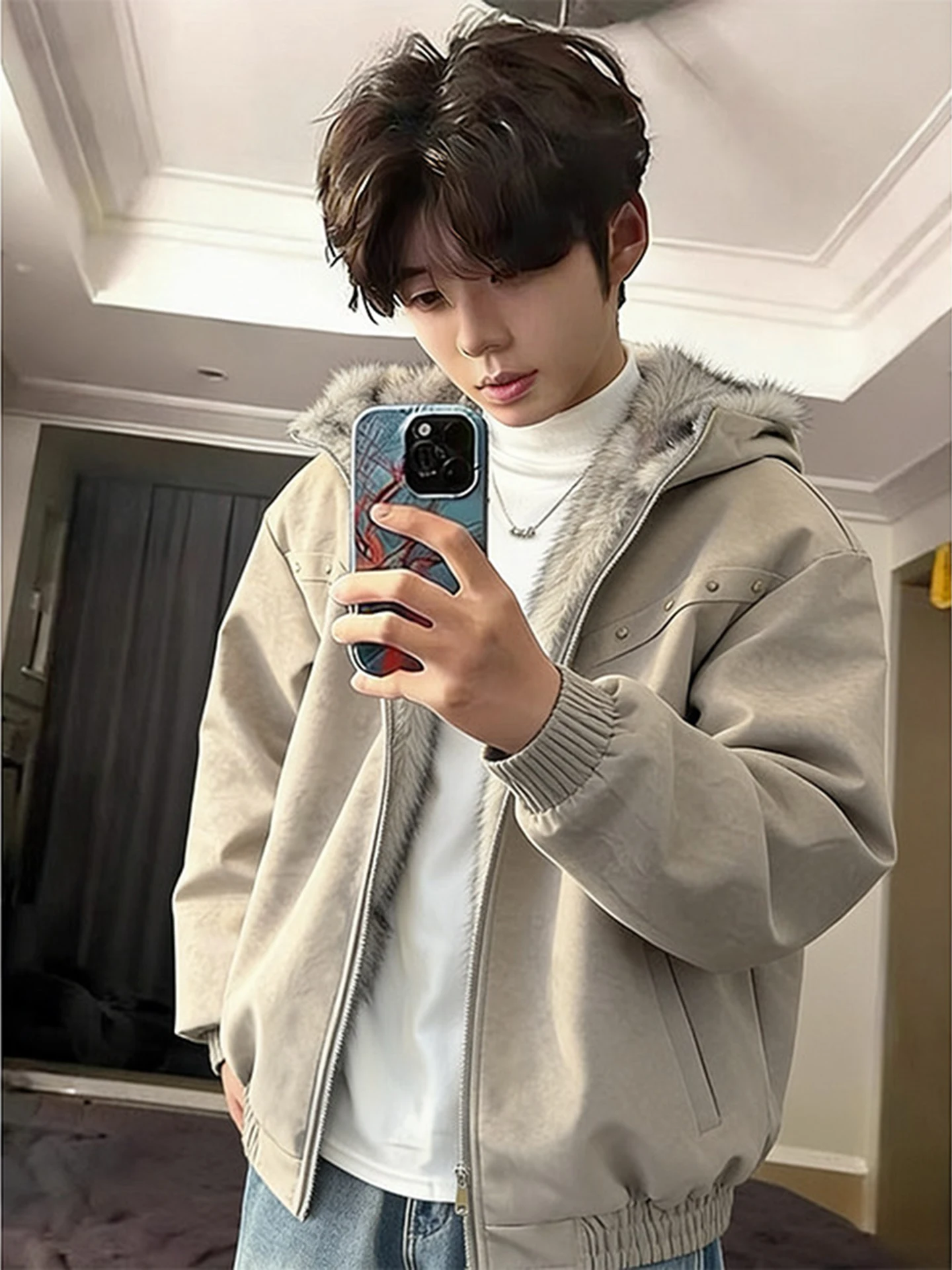 

Cleanfit Wolf King Thiened PU Leather Jaet Men's Winter Coat with Rivets American Sle Cotton Clothes Warm Casual Hooded