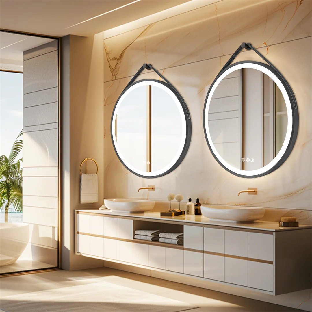 LUVODI Espelho redondo grande iluminado para banheiro de 32 "com sensor de toque Espelho de banheiro com moldura preta com luzes LED
