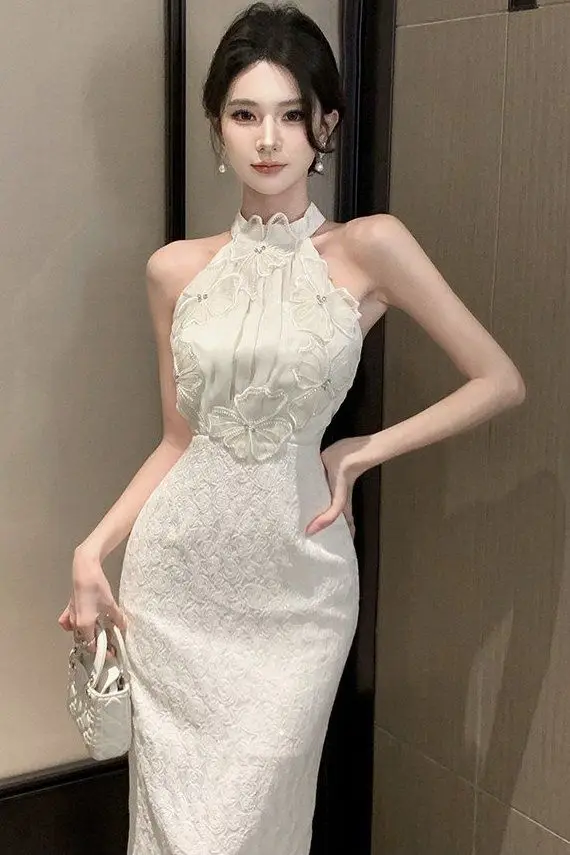 

Elegant Halter Neck Bodycon Dress Floral Applique Mermaid Party Gown Women's Luxury Vacation Cocktail Mid-length Dresses Fashion