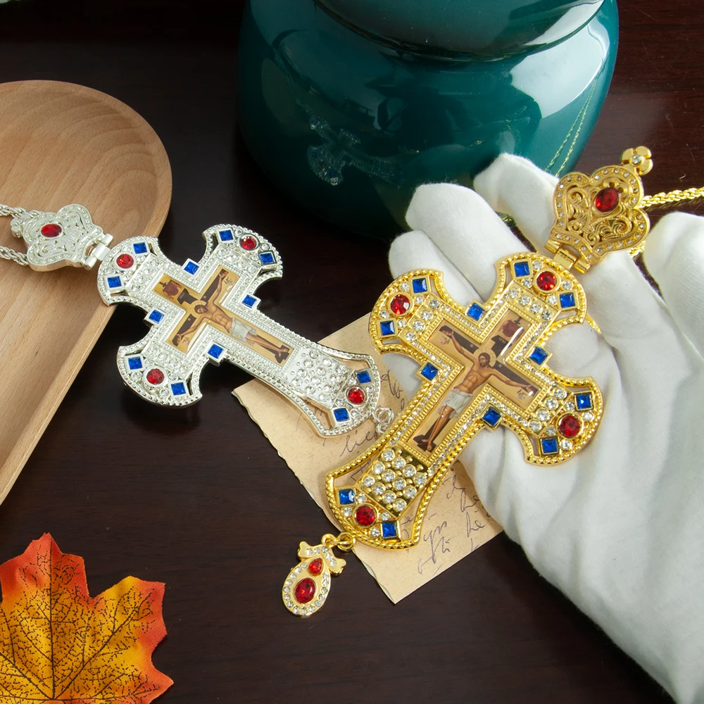 

Orthodox Church Pectoral Cross Necklace for Bishop Priest with Jesus Crucifix Image Gold Plated Greek Style Prayer Religion Gift