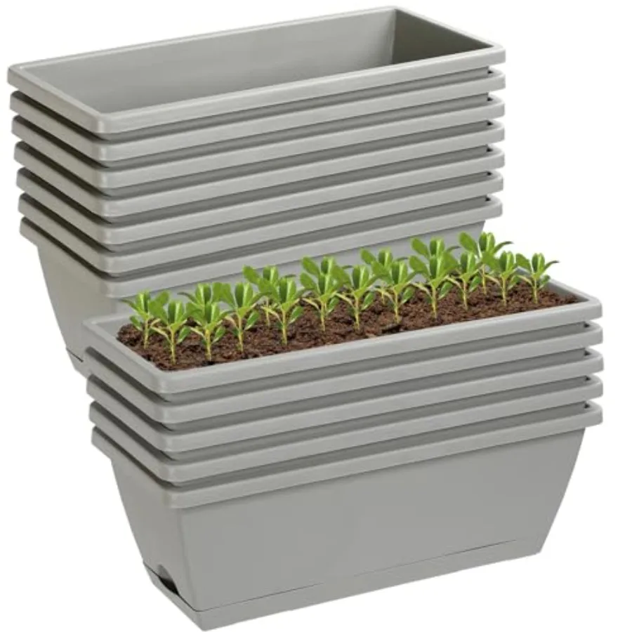 

12Pcs 17Inch Rec Planter Box with Drainage Holes and Trays Plastic Planters Flower Boxes Pots for Indoor Outdoor Plants Patio G