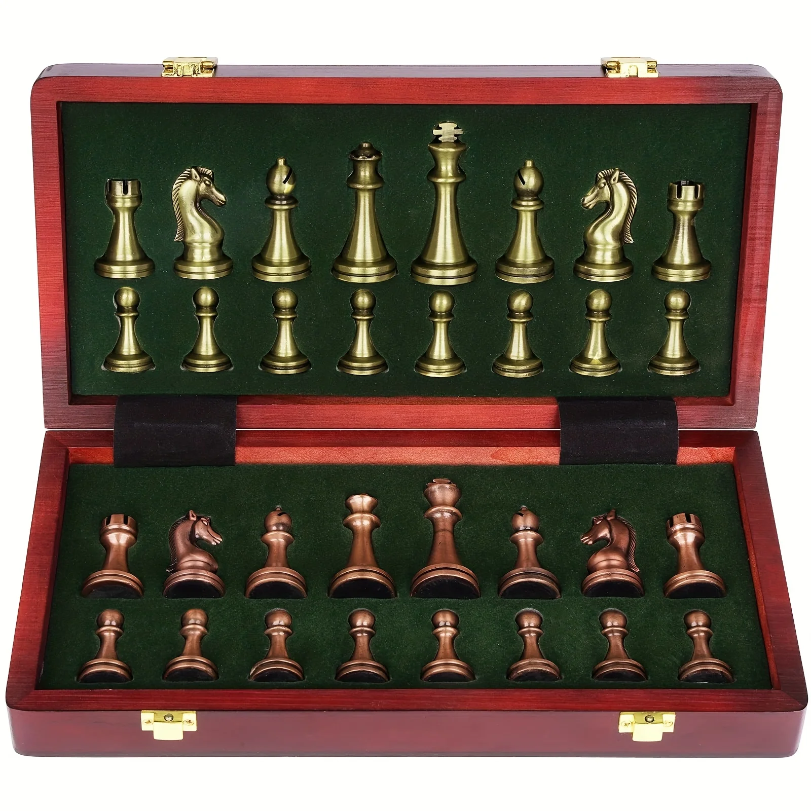 

Large Metal Deluxe Chess Retro Copper Plated Alloy Chess Adult Set Board Game Portable Wooden Box Storage Folding Chess Set