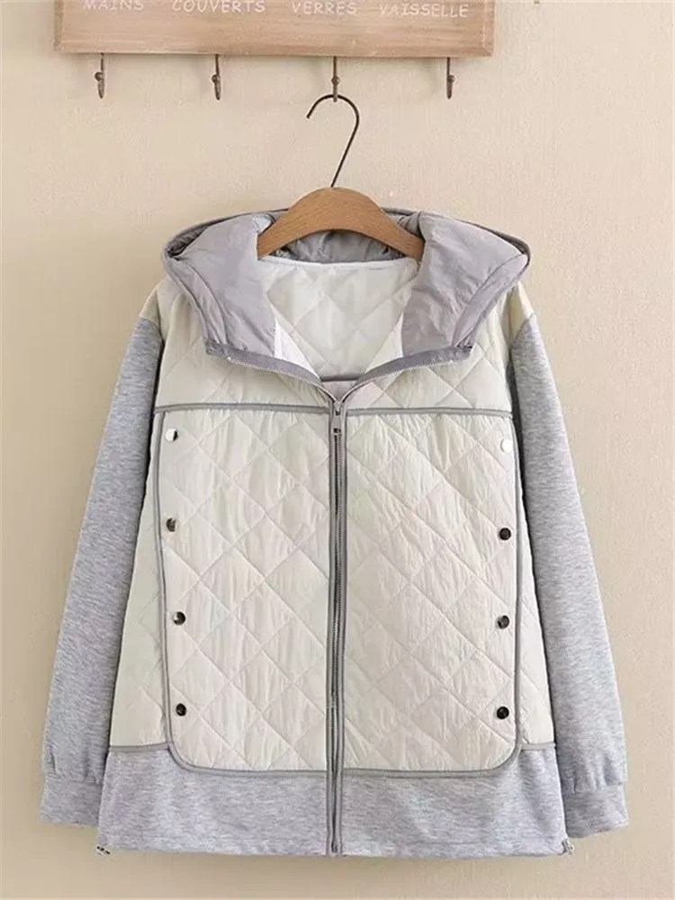 plus size Women's Clothing Hooded Long Sleeve Jacket Stitching With With Thick Cotton Interlayer Large Size Casual Jacket