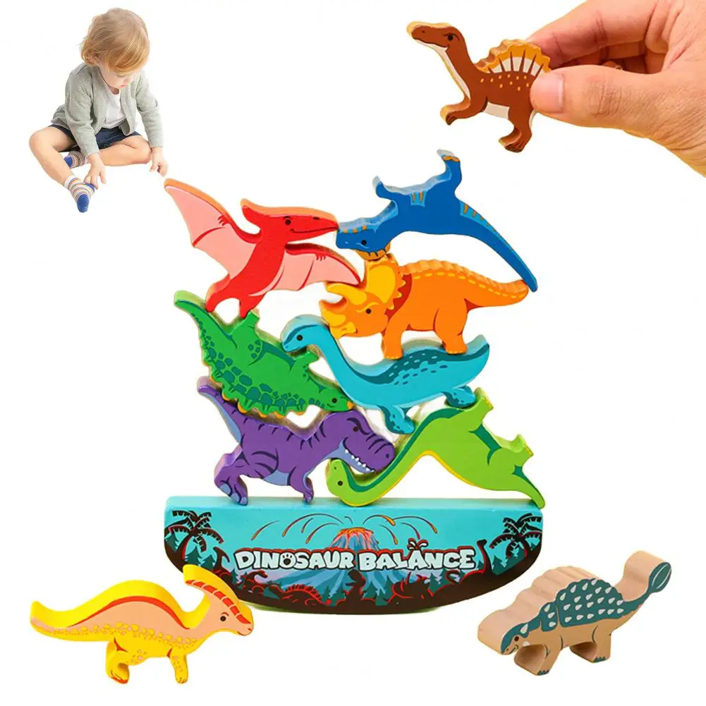 Block Stacking Board Game Educational Dinosaur Building Block Stacking Game for Kids Wooden Cartoon Dino Brick Balance Tower Toy