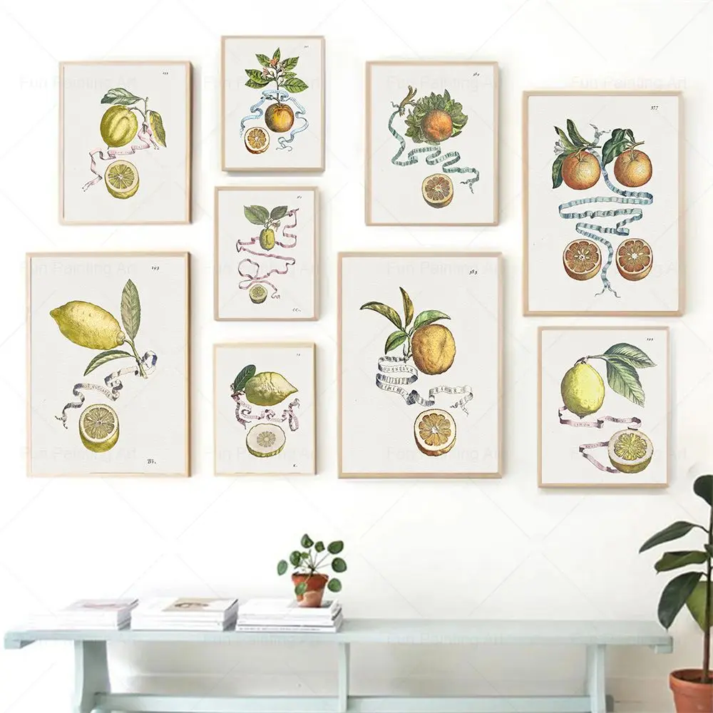 Vintage Citrus Botanical Art Prints Antique Floral Fruits Wall Art Canvas Painting Watercolor Posters for Living Room Home Decor