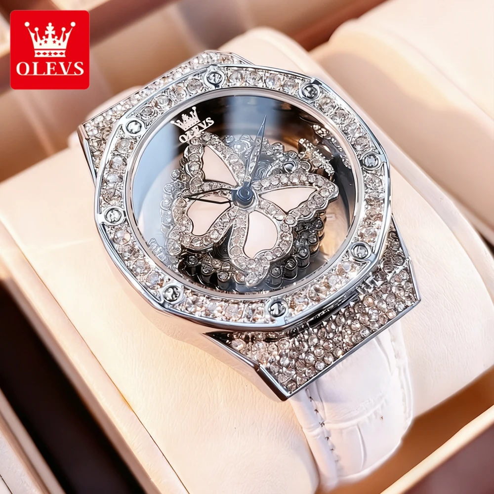 OLEVS Women's Watches Casual Trend Daily Dress Leather Strap Butterfly Dial Original Brand Quartz Wristwatch for Lady Waterproof