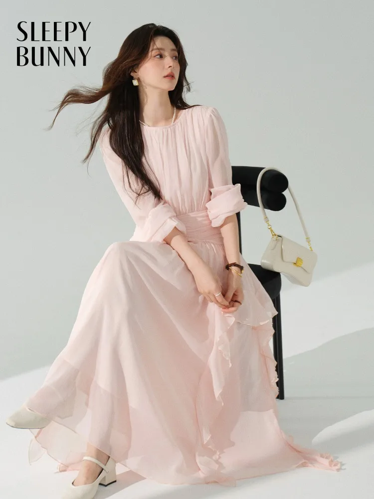 

Elegant Flowing Chiffon Dress Women Long Maxi Gown Soft Gentle Feminine Autumn Dress with High Waist for Daily or Party Look