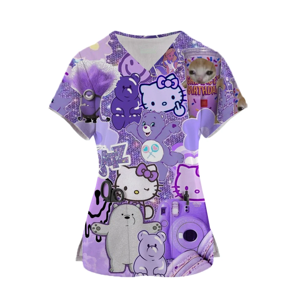 Hello Kitty Print Kawaii Nurse Uniform Scrubs Tops Womens Cartoon Short Sleeve Pocket Overalls Uniforms Medical Nursing Blouse