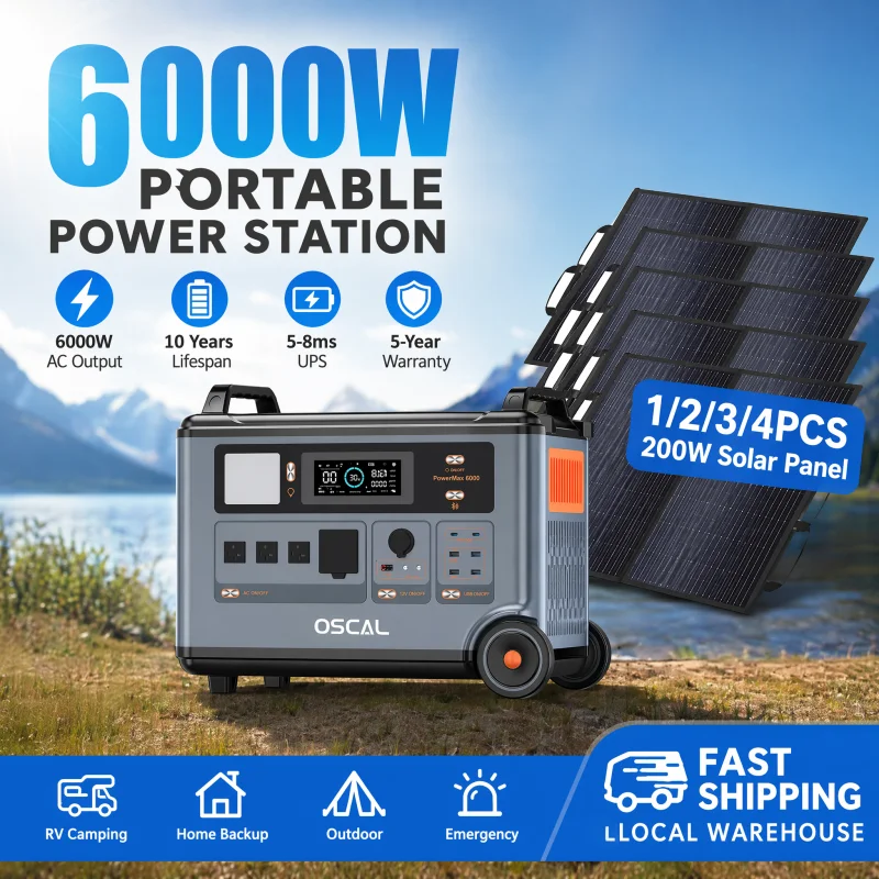 OSCAL PowerMax6000 Portable Power Station With 200W Solar Panel,6000W Continuous 9000W Peak,LiFePO4 Battery,2200W AC 2400W Solar Fast Charging,APP Monitor,Emergency Power Backup for Home,Camper,Outdoor Blackout