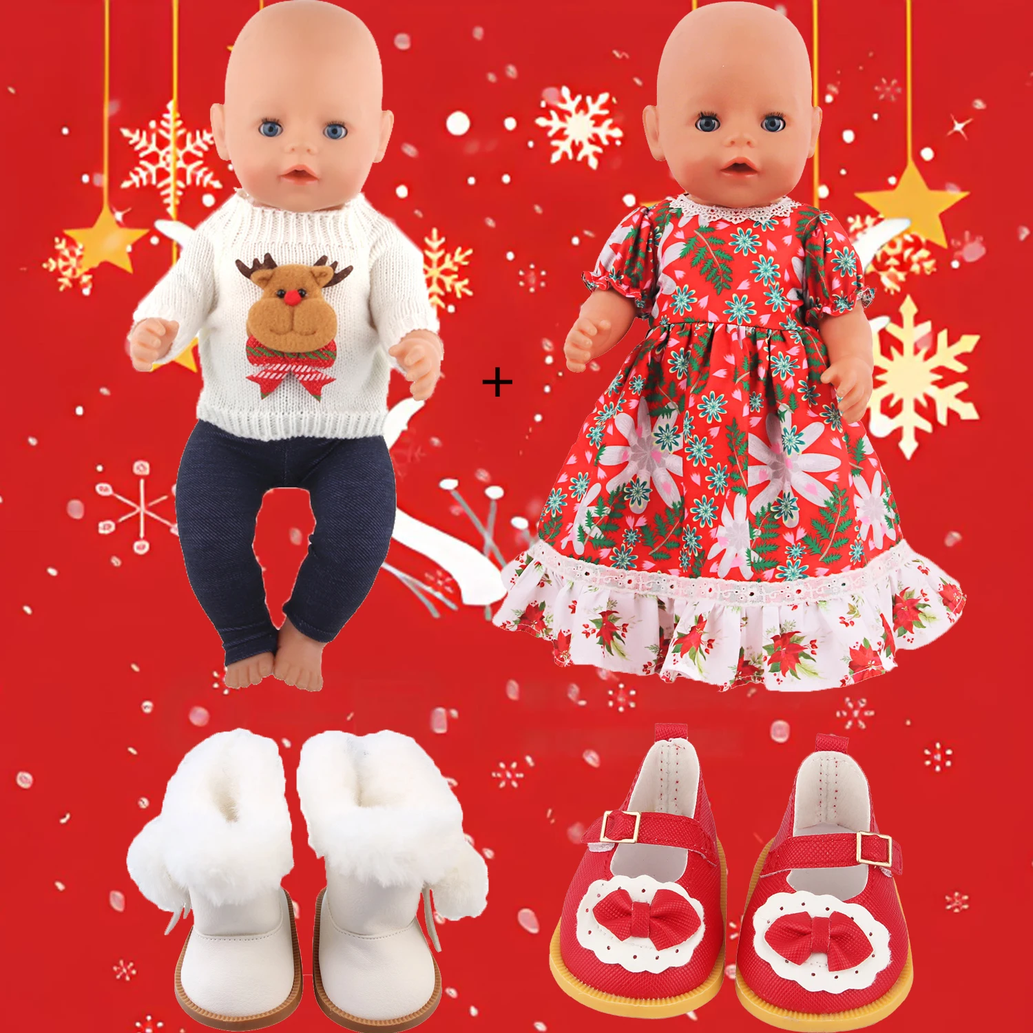 

Белый свитер с оленями + платье с кленовым листом, костюм для 18-дюймовых американских кукол, подходит для кукол 43 см для новорожденных и OG Girl Dolls
