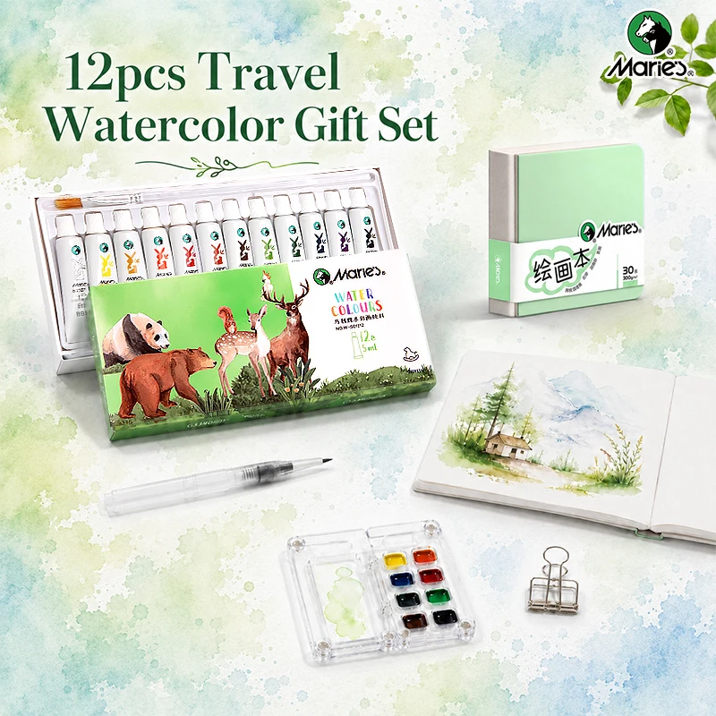 Maries 16pcs Compact Watercolor Painting Set, 12 Colors 5ml/0.17oz Watercolor with Green Paper Pad,Palette Case,Binder Clip