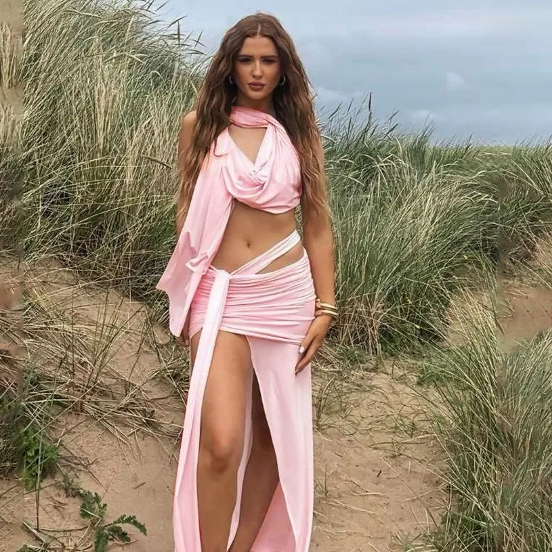 

Tuularose Pink Sexy Dress Sets Fashion Hanging Neck Lace-up Vest Pleated Bandage Skirt Set Summer Holiday Y2k Women's Dress Sets