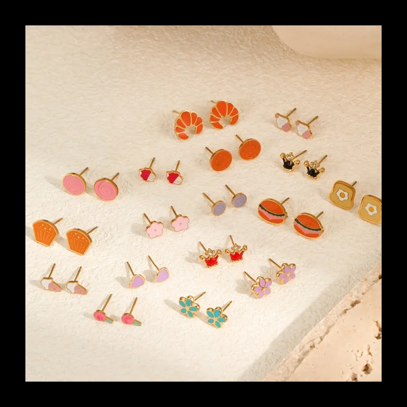 الإبداعية اللون يقطر الفولاذ المقاوم للصدأ وأقراط حلوة لطيف الكرتون الفاكهة كعكة أقراط صغيرة #1