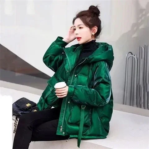 Winter New glossy Down Cotton Jacket Thick Warm Hooded Puffer Jacket Women Parka Oversized Korean Coat Black Red Green Blue tops