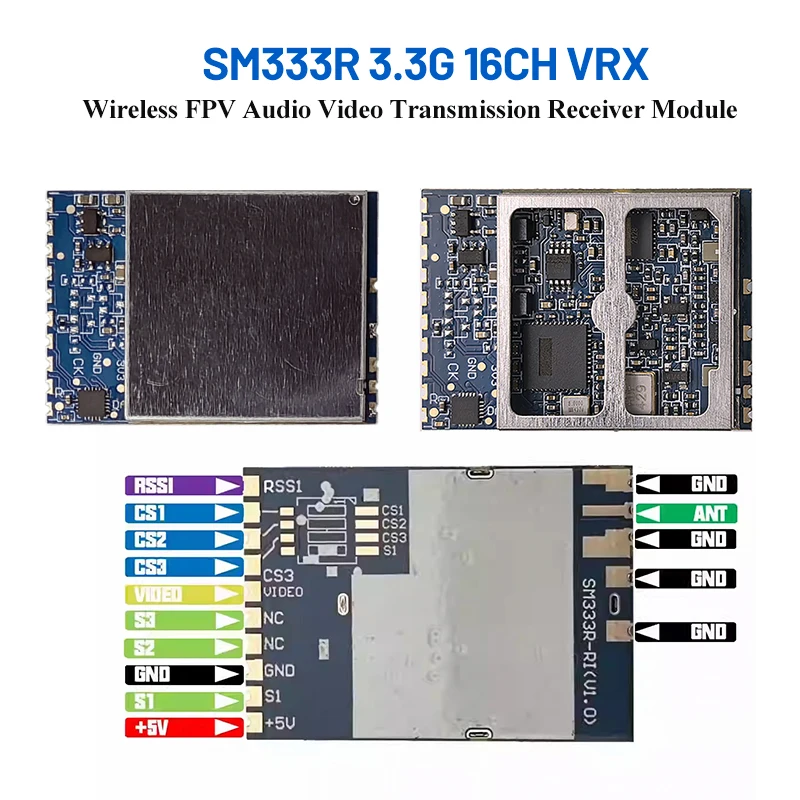 

SM333R 3.3G VRX Video Receiver 16CH 3170~3470MHz Analog Wireless Audio Video Transmission Receiver Module for FPV RC Model Part